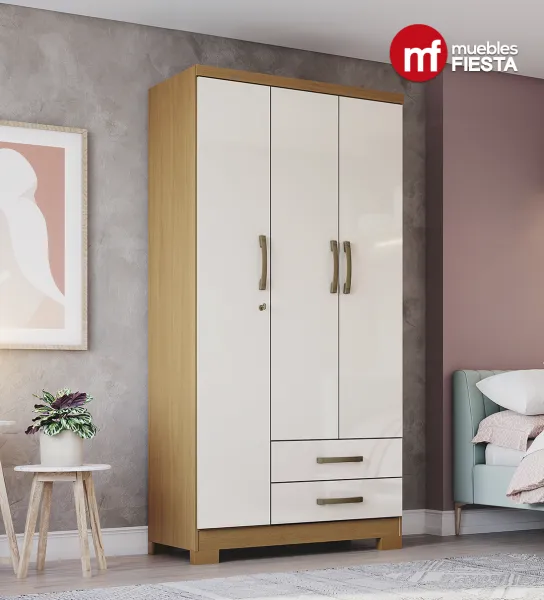 Nuestro Closet Acaí de 3 Puertas y 2 Gavetas en Color Almendra/Blanco Hueso
